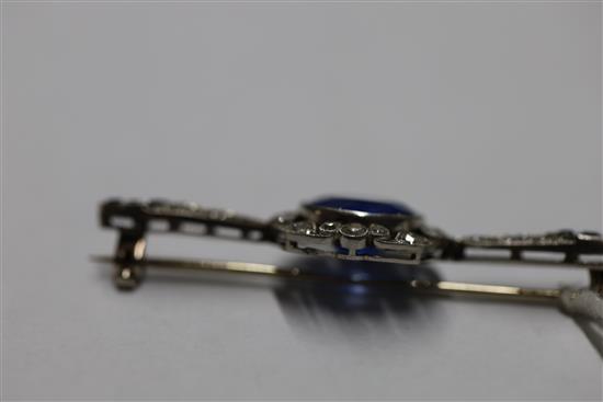 An early 20th century French platinum, sapphire and diamond bar brooch,